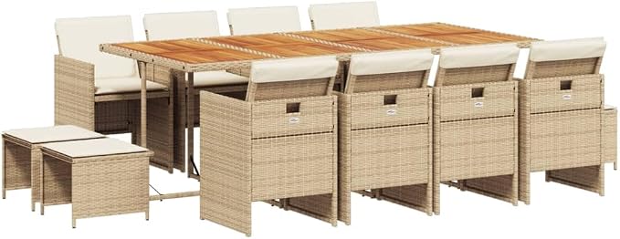13 Piece Outdoor Dining Set with Cushions Beige Poly Rattan Patio Furniture for 8 Includes Folding Chairs, Acacia Wood Table and Stools, Space-Saving Set for Garden Backyard BBQ