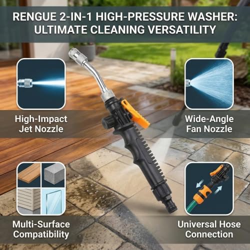 Rengue 2-in-1 High Pressure Washer, Materials, Jet and Fan Nozzles, 11.8in or 18.9in, for Home Garden 2-in-1 High Pressure Washer, ABS Alloy Copper Nan Household Appliances (30cm)