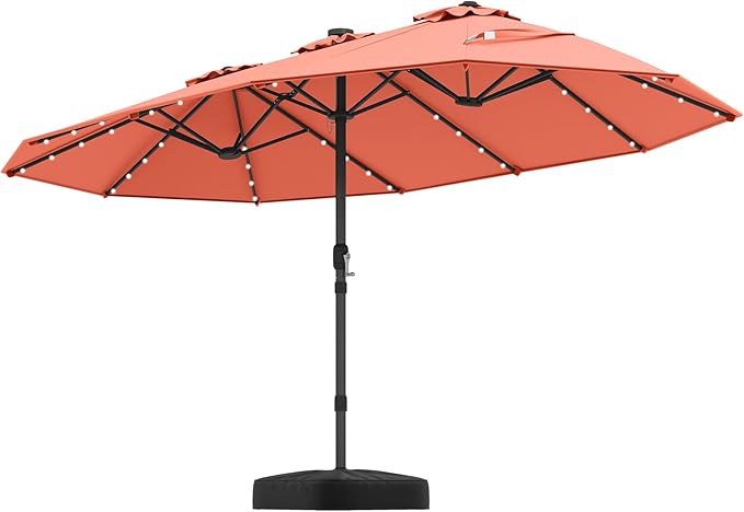 Tangkula 15FT Double-Sided Solar Patio Umbrella, Extra-Large Outdoor Twin Umbrella with 48 LED Lights, Vented Top, Crank Handle, 12 Ribs, Weighted Base Included for Backyard Poolside Deck (Orange)