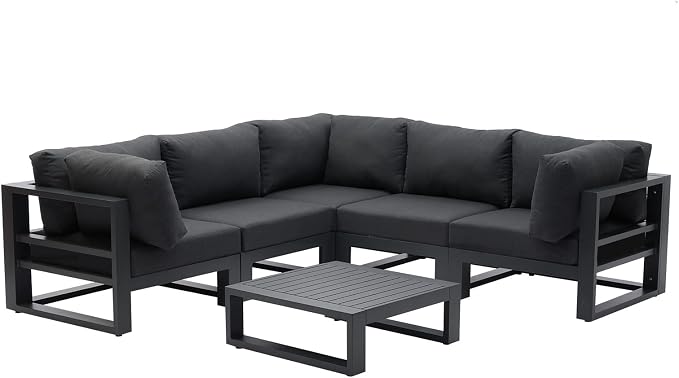 7 Pieces Patio Furniture Set Outdoor Aluminum Sectional Sofa Couch with Square Coffee Table All-Weather Conversation Set with Upgraded Dark Grey Cushions