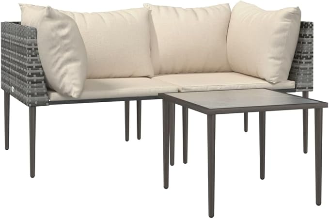 3-Piece Patio Lounge Set with Cushions Gray PE Rattan Outdoor Furniture Modern Conversation Set for Garden Balcony Porch