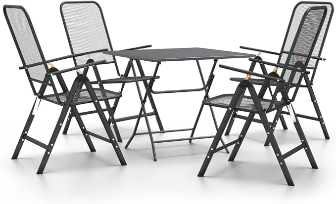 5 Piece Patio Dining Set Expanded Metal Mesh Anthracite Outdoor Table and 4 Chairs Foldable Adjustable Backrest E-Coating Weatherproof for Garden Poolside Deck