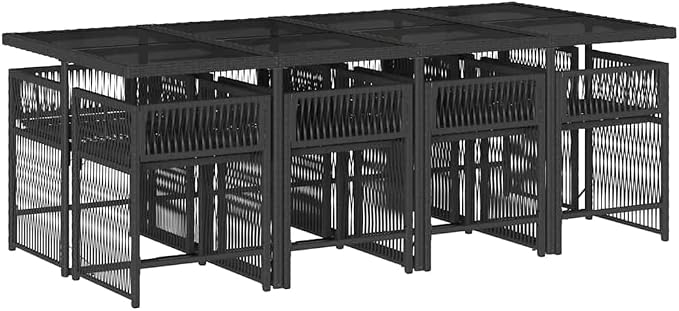9 Piece Garden Dining Set Black Poly Rattan Outdoor Table and Chairs for 8 Persons Modern Patio Furniture Set with Large Dining Table and High Back Foldable Chairs for Backyard
