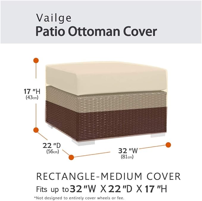 Vailge Rectangle Patio Ottoman Cover, Waterproof Outdoor Ottoman Cover with Padded Handles, Patio End Table Cover, Heavy Duty Patio Furniture Covers (Medium,Beige & Brown)