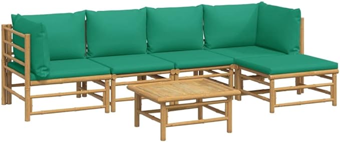 6 Piece Patio Lounge Set with Green Cushions, Patio Conversation Set Outdoor Dining Sets Outdoor Sofa Sets Front Porch Furniture for Poolside Garden Exhibition Negotiation Area Bamboo