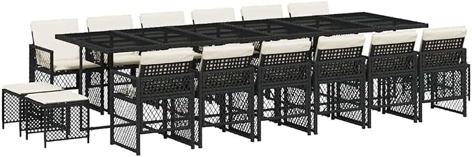 17-Piece Garden Dining Set with Cushions, Large Rectangular PE Rattan Outdoor Patio Table with 12 Folding Chairs and 4 Stools for Backyard, Deck and Terrace, Black and Cream