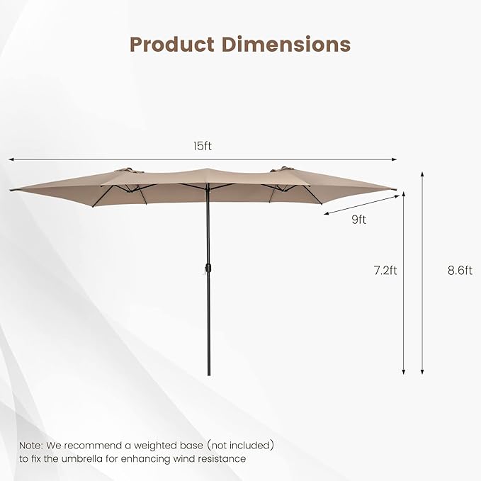 Tangkula 15 FT Double-Sided Patio Umbrella with Crank Handle, Vented Tops, Large Outdoor Rectangle Market Twin Umbrella with 10-Rib Metal Structure, Table Umbrella for Poolside Deck Lawn Garden