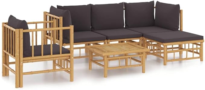 6 Piece Patio Lounge Set with Dark Gray Cushions, Outdoor Dining Sets Patio Conversation Set Porch Furniture Set Sectional Sofa for Negotiation Area Piazza Poolside Garden Bamboo