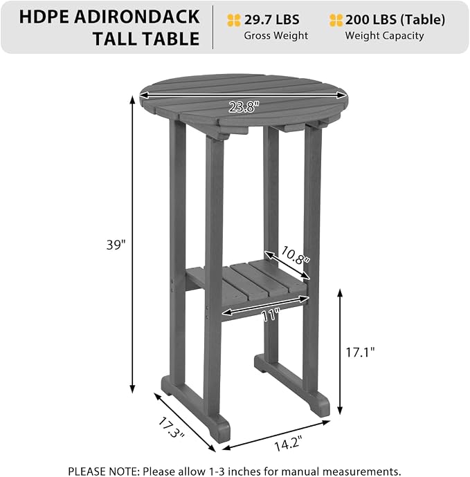 Sundale Outdoor 39 Inches Height Adirondack Bar Table, Patio HDPE Pub Height Round Counter Table, All Weather High Top Bistro Table for Outside Deck Porch Balcony Poolside, Gray