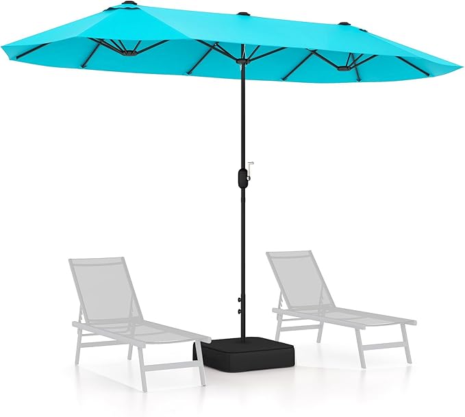 Giantex Patio Umbrella with Base, Double-Sided Outdoor Umbrella with Crank Handle, Umbrella Base Stand with 2 Sandbags, 12 Metal Ribs, Market Umbrellas for Garden Poolside Deck
