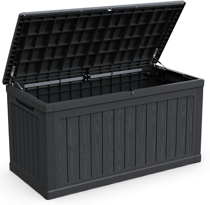 Large Outdoor Storage Deck Box for Patio Furniture, Cushions, Garden Tools and Sports Equipment – Weather-Resistant Resin with Secure Lid (Black + Plastic)