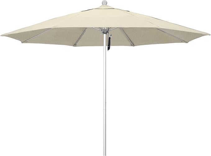 California Umbrella 11Ft Commercial Grade Sunbrella Fabric Market Umbrella, Pulley Lift, Aluminum/Fiberglass, 2mm pole wall, Silver Frame, Beige Fabric
