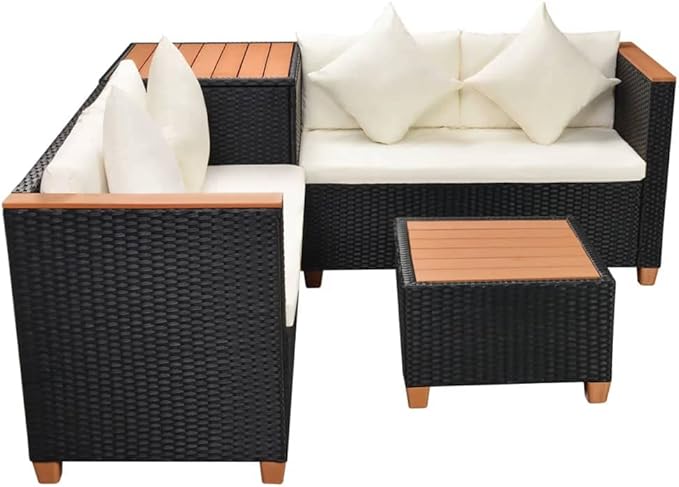 vidaXL Patio Furniture Set 4 Piece, Patio Conversation Set with Cushions, Outdoor Sectional Sofa with Coffee Table for Garden, Poly Rattan Black