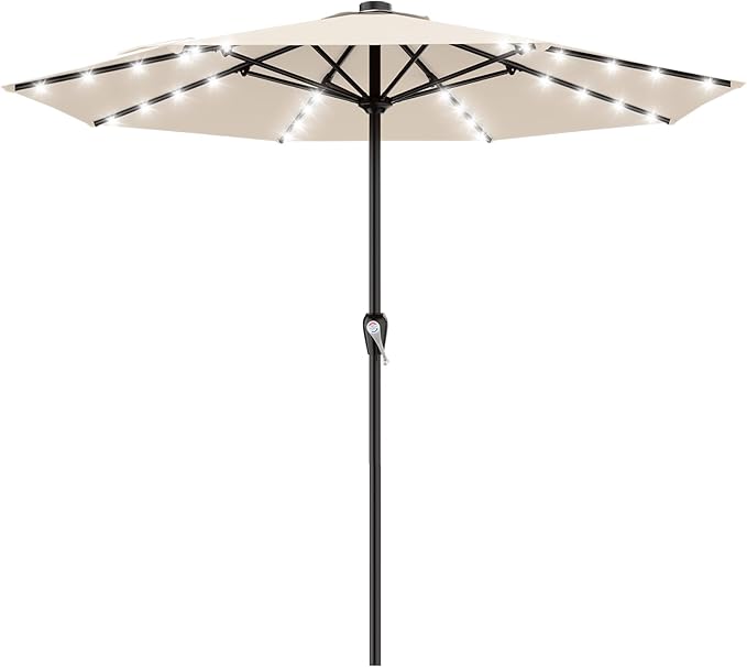 AreShark 12FT Large Patio Umbrella with Solar Lights, Solar Powered Outdoor Umbrella with Crank, Patio Table Market Umbrellas for Garden, Deck, Backyard, Pool and Beach, Cream-White