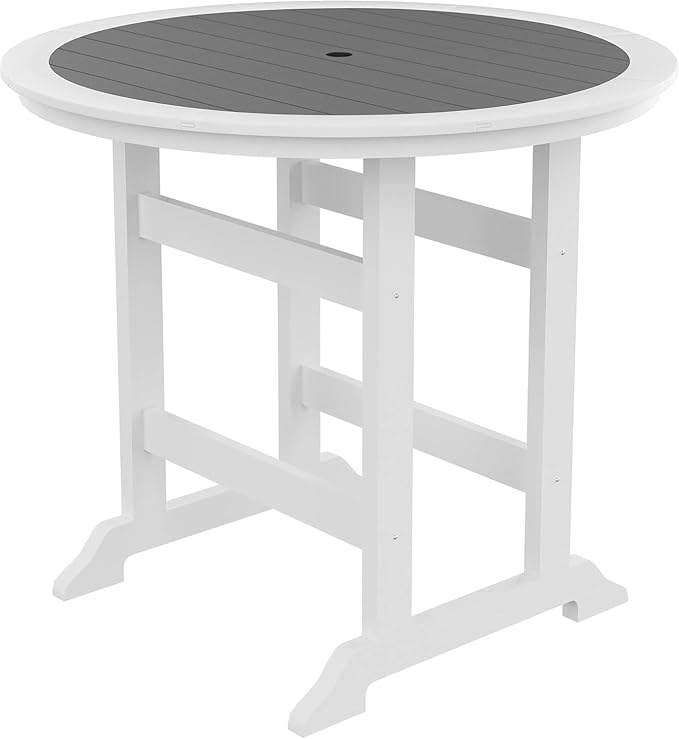 Outdoor Bar Table, Counter Height Round High Top Pub Table with 1.96" Umbrella Hole for Backyard Deck Balcony Front Porch White & Grey