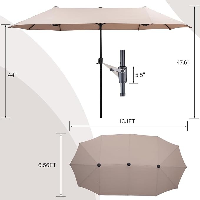 13 ft Patio Umbrella, Large Rectangle Outdoor Umbrella with Strap, Crank, Khaki