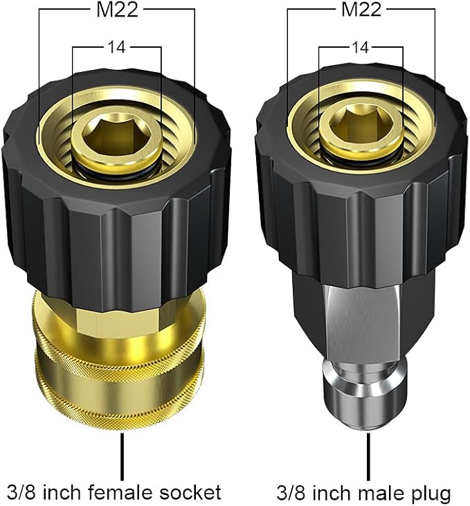 POHIR Pressure Washer Adapter Set, M22 14mm X 3/8" Male Plug Female Socket, Brass Quick Connect Fittings, Coupler for Pressure Washer Gun or Hose