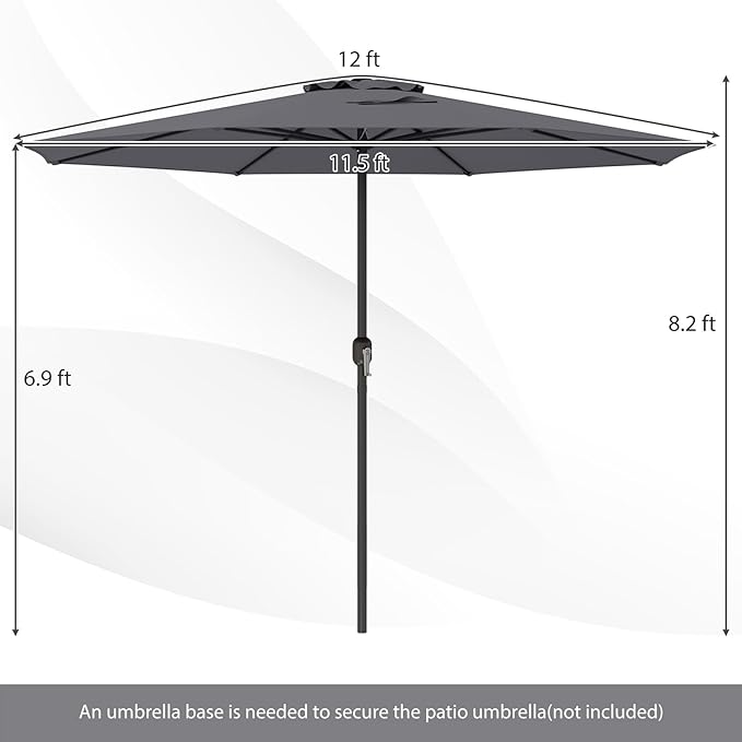 HAPPYGRILL 12 FT Patio Umbrella with Crank Handle, Outdoor Market Umbrella with 8 Sturdy Ribs, Vented Large Table Umbrella, Sun-Protective Canopy for Garden Backyard Deck Pool