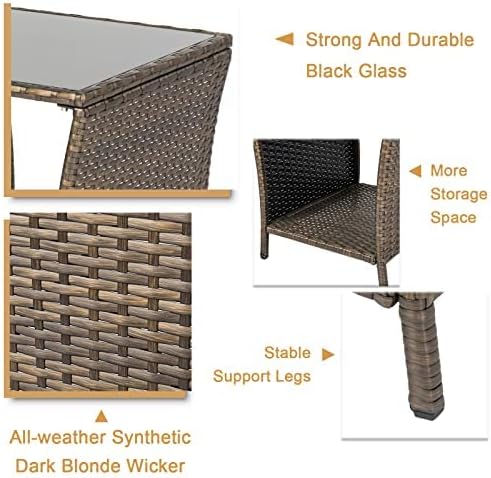 Outdoor Small Patio Table - PE Rattan Coffee Table, Wicker Side Table for Patio, Balcony & Porch, Durable & Iron Frame (2, Dark Blonde)