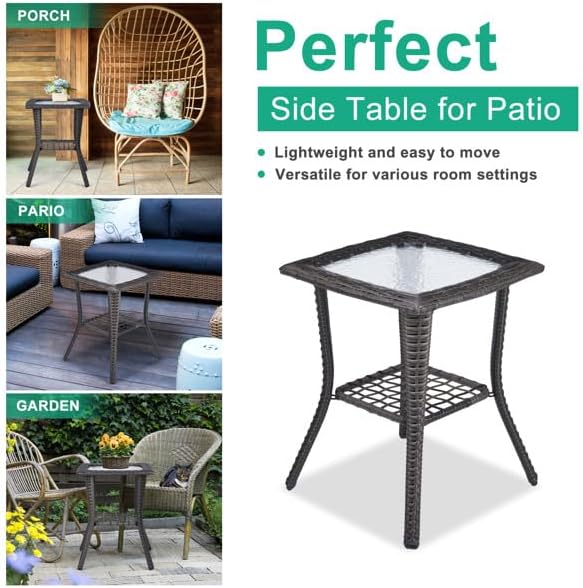 Outdoor Wicker Side Table, Rattan End with Glass Top, Patio Coffee Bistro for Indoor Garden Porch Balcony (Grey)