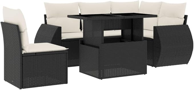6 Piece Modular Outdoor Sectional Garden Couch Set 97 kg Black Poly Rattan 39.4 inch Long Patio Conversation Sofa for Balcony Deck and Backyard