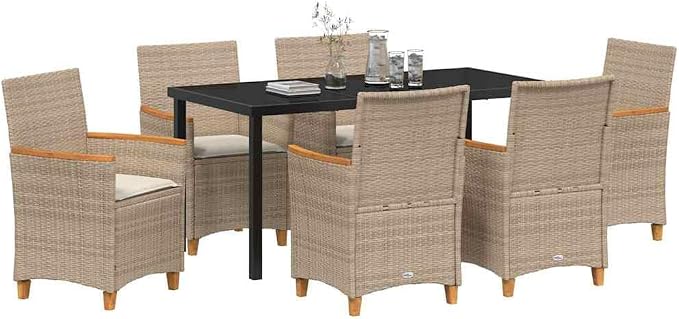 7 Piece Garden Dining Set, Beige Poly Rattan Outdoor Patio Furniture with 6 Cushioned Chairs and Glass Tabletop
