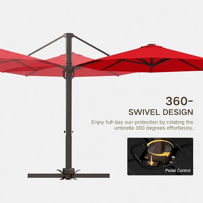 Kingdura Cantilever Patio Umbrella with Double Top Vent, Large Square Aluminum Outdoor Offset Umbrella with 360-degree Rotation, Infinite Tilt, UV Protection for Pool Deck Garden Patio