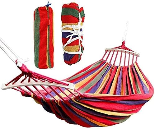 Portable 2 Person Hammock Colorful Stripe Hammocks Swing with Spreader Bar Carry Bag for Patio Lawn Garden Camping,Beach,Backyard, Outdoor Indoor (Red)(Cotton)