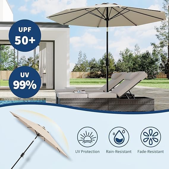Garvee 10FT Patio Umbrella - Outdoor Table Umbrella with Crank Lift & Push Button Tilt - Market Umbrella 8 Sturdy Ribs UV Protection for Pool, Deck, Yard, Garden - Light Beige