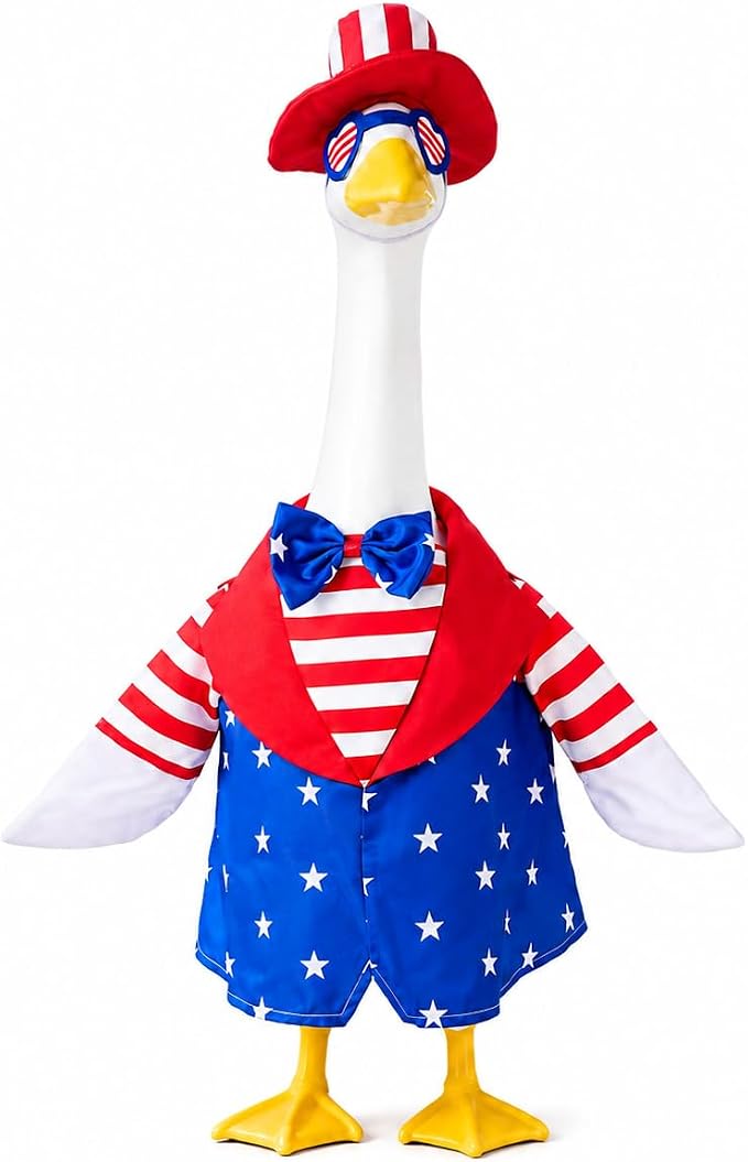 4th of July Porch Goose Outfits for 23 Inch Goose Statue, Patriotic Uncle Sam Goose Costume with Hat Glasses and Bow Tie, Red White Blue Goose Clothes for Independence Day Garden Patio Decor