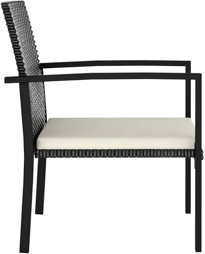 BOWERY HILL 3-Piece Outdoor Patio Dining Set, Black Poly Rattan Table and Chairs, Cream Cushions, Compact Modern Design, UV Resistant/Waterproof for Balcony, Terrace, Garden