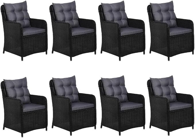 Afuera Living Outdoor Patio Dining Set, Acacia Wood Table with Black Powder-Coated Steel Frame, Includes 8 Cushioned Seats, Weather-Resistant, Vintage Style for Garden or Terrace, 9-Person Seating