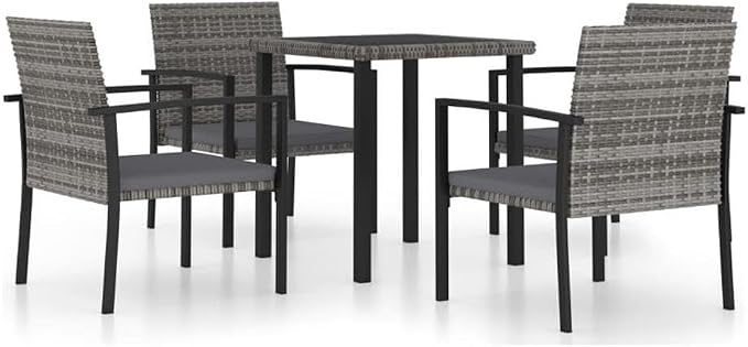 BOWERY HILL 5-Piece Patio Dining Set, Gray Poly Rattan, Weather-Resistant Outdoor Furniture with Cushioned Seating, Powder-Coated Steel Frame, Modern Garden or Backyard Set for 4 People Dining