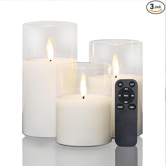 CANDLE CHOICE Real Wax Battery Operated Flameless Pillar Candles with Remote Timer Clear Glass Shell Realistic Black Wick Flickering Electric LED Lights Wedding Halloween Christmas Decorations 3 Pack