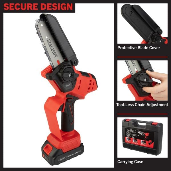 Mini Chainsaw - 5-Inch Chain Saw with 20V 1500mah Lithium Ion Battery, Charger, and Carry Case - Handheld Saw for Wood Cutting by Stalwart (Black/Red)