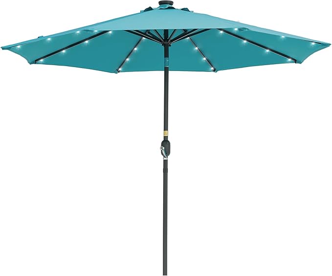9ft Patio Umbrella Outdoor with Solar Lights,32 LED Lighted Table Market Umbrella with Tilt and Crank, 2-Year-Non-Fading, 8 Sturdy Ribs,for Pool, Deck, Garden,Backyard