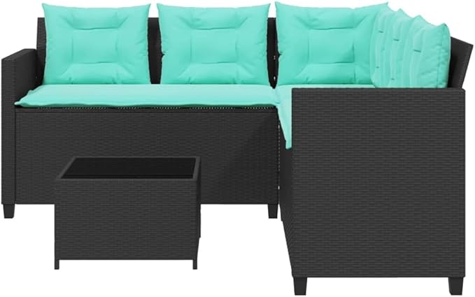 Patio Sofa with Table and Cushions, Patio Conversation Set Bistro Set Outdoor Dining Sets Front Porch Furniture for Negotiation Area Garden Poolside Exhibition L-Shaped Black Poly Rattan