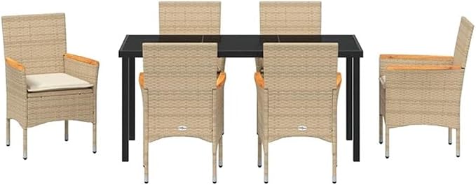 Afuera Living 7-Piece Poly Rattan Garden Dining Set, Beige Cushions, Outdoor Patio Furniture, Tempered Glass Tabletop, UV-Resistant, Weatherproof, Ergonomic Seating, Modern Style for Patio or Garden