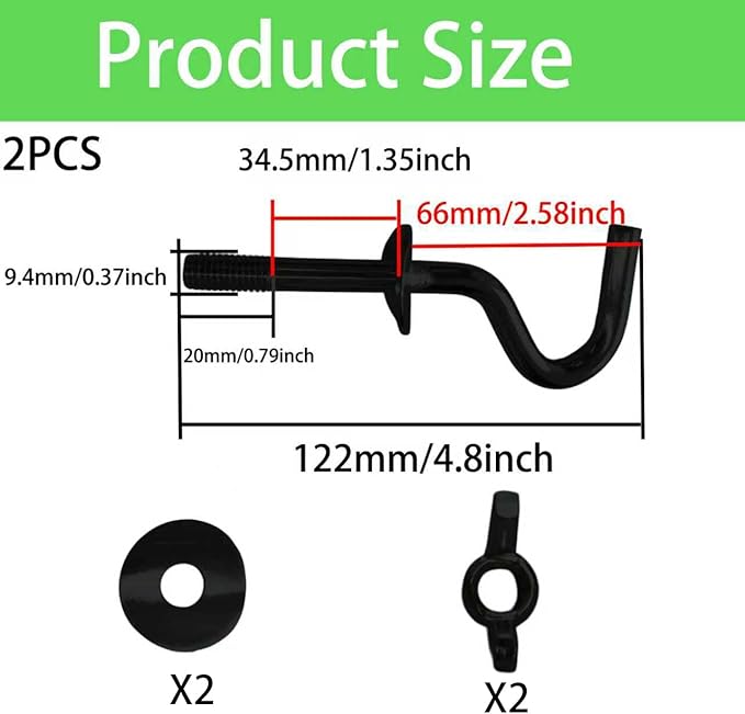 2PCS Heavy Duty Metal Hammock Hooks, Black Zinc Plating Replacement Hardware for 3/8 Inch Holes, Fits 1-1/4 to 2 Inch Stand Posts, Indoor Outdoor Accessories