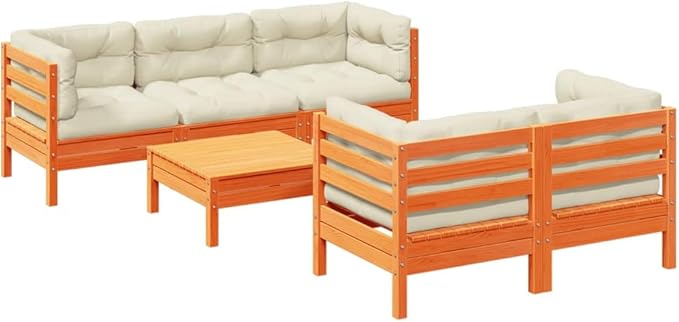 6 Piece Patio Sofa Set with Cushions, Front Porch Furniture Patio Conversation Set Garden Lounge Set Porch Furniture Set for Exhibition Poolside Piazza Wax Brown Solid Wood Pine