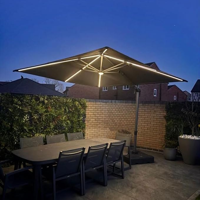 PURPLE LEAF 9 Feet Patio Umbrella with Lights Outdoor Square Cantilever Umbrella Solar Powered LED with 360-degree Rotation for Garden Deck Pool Patio, Grey