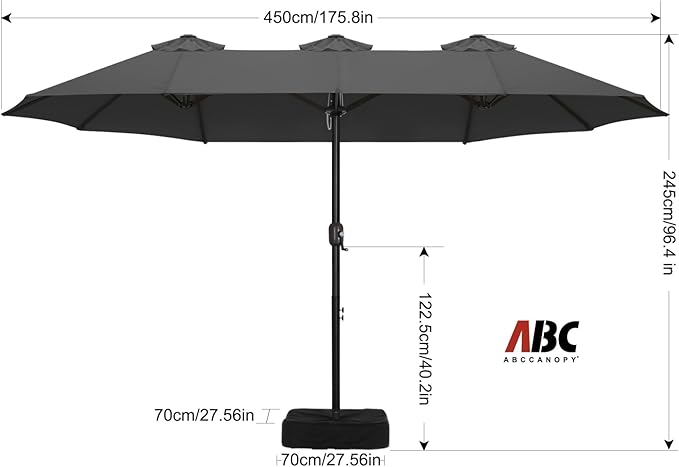 ABCCANOPY 15FT Patio Umbrella with Base, Outdoor Double-Sided Rectangle Umbrella Bonus Latch, Wights for Poolside, Lawn, Backyard (Dark Gray)
