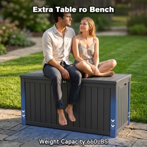Outdoor Storage Box, Durable Deck Box with Side Handle and Lockable Lid, Deck Boxes Outdoor Waterproof, Large Patio Furniture for Poolside Accessories, Garden Tools, 180 Gallon