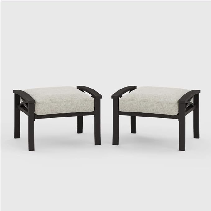 Hassyee 2 Pieces All-Weather Metal Outdoor Conversation Set with Coffee Table and Removable Cushions for Balcony, Patio Furniture Set with Modern Curved Design for Backyard, Lawn (2 Ottomans)