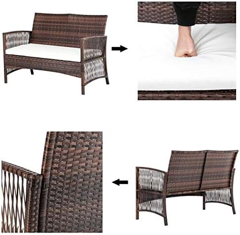 HopeHope 4pcs Patio Conversation Set Guest Chair Outdoor Garden Lawn Pool Rattan Sofa Wicker Furniture Set Coffee Table Bistro Sets Tempered Glass Table