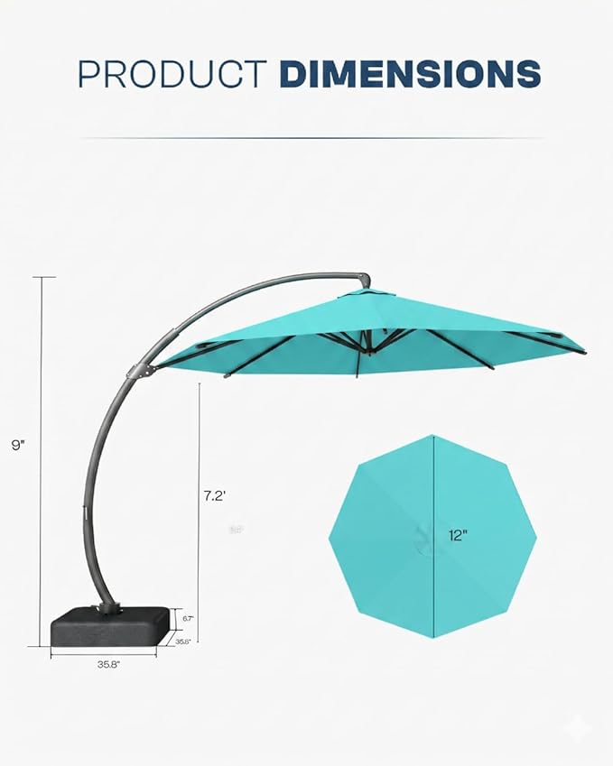12 FT Cantilever Umbrella with Base Included, Large Round 360° Rotation Offset Umbrella Outdoor Patio, Heavy Duty Aluminum Frame, Sand-Weighted Stand, for Deck, Backyard, Pool, Garden (Teal)