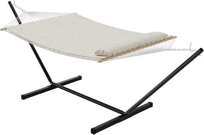 Premium Double Hammock with Stand - Heavy Duty 600LBS Capacity, Quilted Cushion & Storage Net for Backyard, Patio, Camping Indoor/Outdoor Use,White