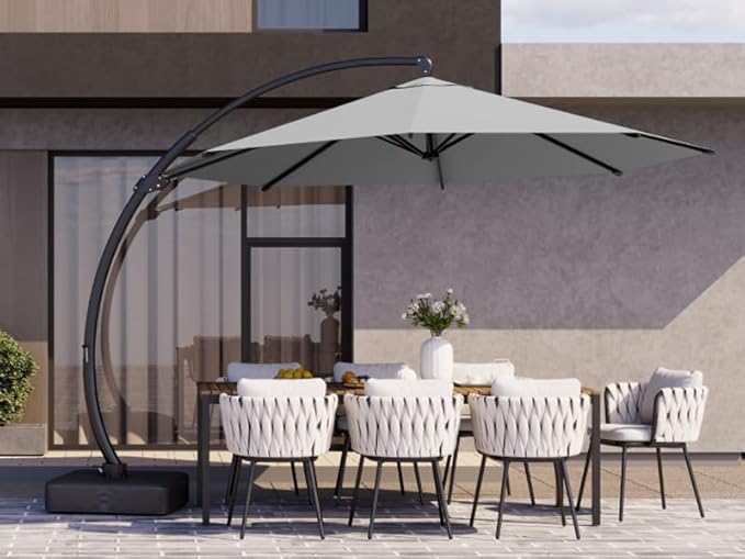 Kingdura 12ft Offset Cantilever Patio Umbrella with Base Included, Large Round Aluminum Outdoor Umbrella, 360° Rotation & Infinite Tilt, Heavy Duty Frame for Deck Pool Backyard, Light grey