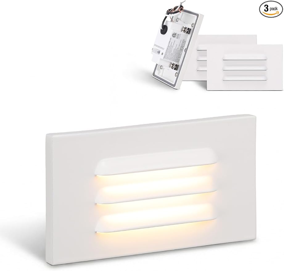 LEONLITE 5CCT 120V LED Step Lights, 3.5W Dimmable Horizontal Louvered Stair Lights Indoor Outdoor, Wet Location, CRI90, ETL, 2700K/3000K/3500K/4000K/5000K, Aluminum, White, Pack of 3