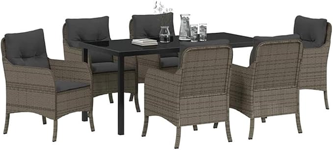Afuera Living 7 Piece Poly Rattan Garden Dining Set, Gray Finish, UV-Resistant Powder-Coated Steel, Removable Cushions, Tempered Glass Tabletop, Modern Patio Furniture for Outdoor Dining and